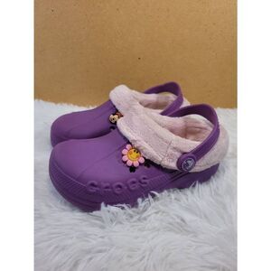 CROCS Pink Fleece Lined Purple Clogs lined Two Jibbitz- Size 12/13